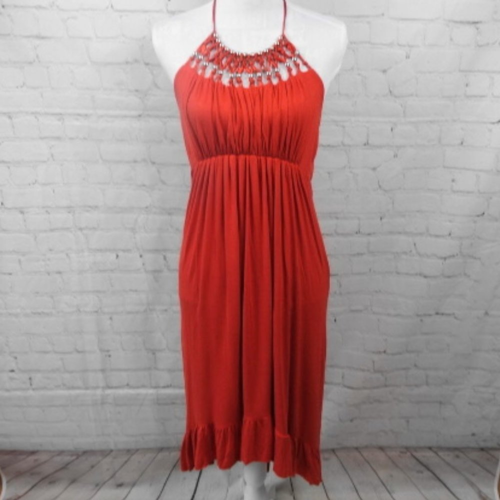 🆕Dots Hi-Low Gold Beaded Halter Dress | Orange